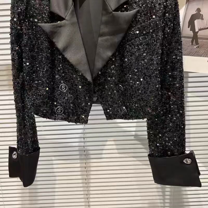 Módne flitrované orezané sako pre ženy z roku 2024, vintage kórejské sako s dlhým rukávom, vrchné oblečenie, elegantná bunda, kabát, sako Femme