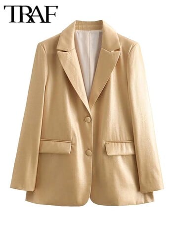 TRAF 2024 Gold Blazer Γυναικείο μπουφάν άνοιξη με μονό στήθος Μακρυμάνικο μπλέιζερ γραφείου για γυναίκες Streetwear Γυναικεία εξωτερικά ενδύματα