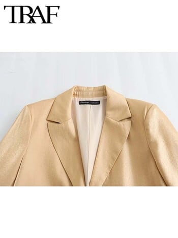 TRAF 2024 Gold Blazer Γυναικείο μπουφάν άνοιξη με μονό στήθος Μακρυμάνικο μπλέιζερ γραφείου για γυναίκες Streetwear Γυναικεία εξωτερικά ενδύματα