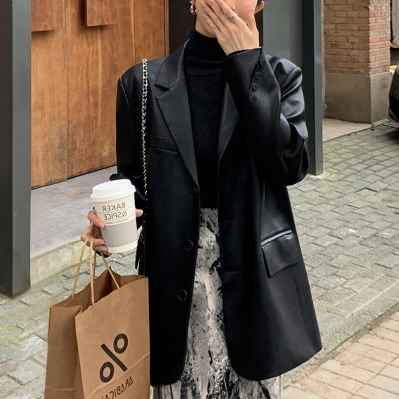 Crni ženski kaputi Široki jednobojni sako Ženska jakna Gornja odjeća Odjeća Korejske jesenske recenzije Mnogo odjeće Popularna odjeća Novo