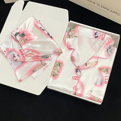 Moteriški pižamų rinkiniai pavasario rudens 2 dalių gyvūnų raštai pižamos dirbtinio šilko satino miegui ilgomis rankovėmis Pijama Mujer Pjs namų drabužiai