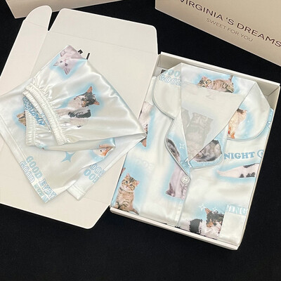 Moteriški pižamų rinkiniai pavasario rudens 2 dalių gyvūnų raštai pižamos dirbtinio šilko satino miegui ilgomis rankovėmis Pijama Mujer Pjs namų drabužiai