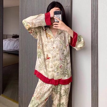 New Bird Trees Print Γυναικείες Σετ Πυτζάμες Faux Silk Satin Fashion Γυναικεία Sleepwear Άνοιξη Φθινοπωρινό μακρυμάνικο παντελόνι Ρούχα σπιτιού