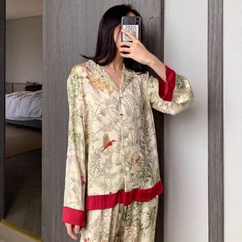 New Bird Trees Print Γυναικείες Σετ Πυτζάμες Faux Silk Satin Fashion Γυναικεία Sleepwear Άνοιξη Φθινοπωρινό μακρυμάνικο παντελόνι Ρούχα σπιτιού