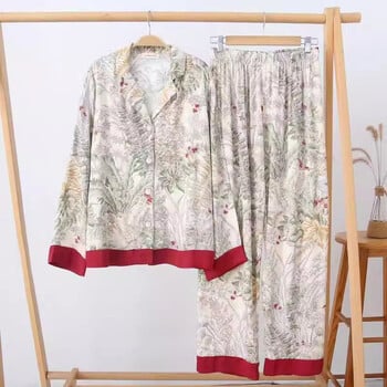 New Bird Trees Print Γυναικείες Σετ Πυτζάμες Faux Silk Satin Fashion Γυναικεία Sleepwear Άνοιξη Φθινοπωρινό μακρυμάνικο παντελόνι Ρούχα σπιτιού