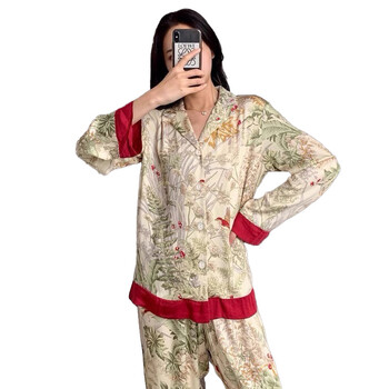 New Bird Trees Print Γυναικείες Σετ Πυτζάμες Faux Silk Satin Fashion Γυναικεία Sleepwear Άνοιξη Φθινοπωρινό μακρυμάνικο παντελόνι Ρούχα σπιτιού