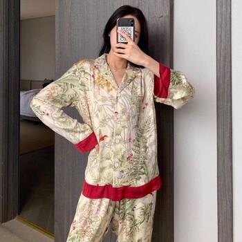 New Bird Trees Print Γυναικείες Σετ Πυτζάμες Faux Silk Satin Fashion Γυναικεία Sleepwear Άνοιξη Φθινοπωρινό μακρυμάνικο παντελόνι Ρούχα σπιτιού