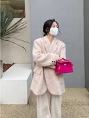 Κορεάτικο στυλ ροζ μοχέρ μάλλινο παλτό Γυναικείο φθινόπωρο και χειμώνα φαρδύ ευπροσάρμοστο κοστούμι κομψό, διπλό μπλέιζερ
