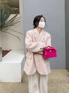 Κορεάτικο στυλ ροζ μοχέρ μάλλινο παλτό Γυναικείο φθινόπωρο και χειμώνα φαρδύ ευπροσάρμοστο κοστούμι κομψό, διπλό μπλέιζερ