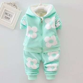 Baby Girls Flower Cartoon Thickk Woolen Есенно зимно яке с качулка Палто Панталони Комплект дрехи Детски Детски топли дрехи Костюми