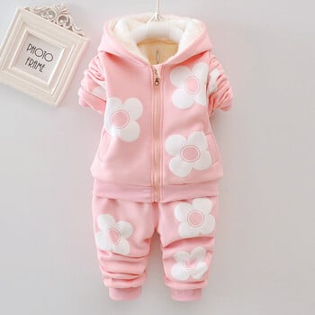 Baby Girls Flower Cartoon Thickk Woolen Есенно зимно яке с качулка Палто Панталони Комплект дрехи Детски Детски топли дрехи Костюми