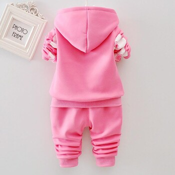 Baby Girls Flower Cartoon Thickk Woolen Есенно зимно яке с качулка Палто Панталони Комплект дрехи Детски Детски топли дрехи Костюми