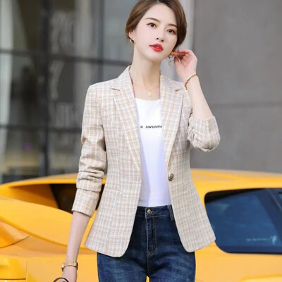 Φθινοπωρινά χειμερινά outwear Casual Jackets Γυναικείο λεπτό παλτό με ένα κουμπί για Office Lady S-5XL Γυναικείο ροζ βερίκοκο καρό σακάκι