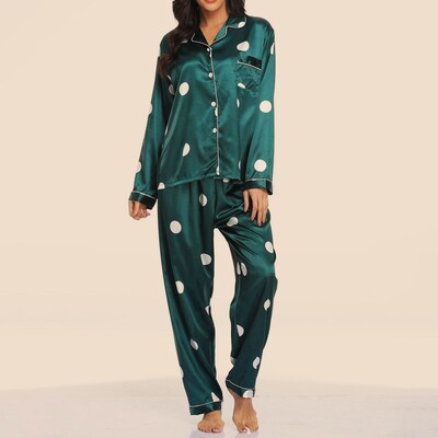 Ženska jesensko-zimska satenska pidžama od 2 komada, košulja s dugim rukavima i ležerne široke elastične hlače, spavaćica, salonke