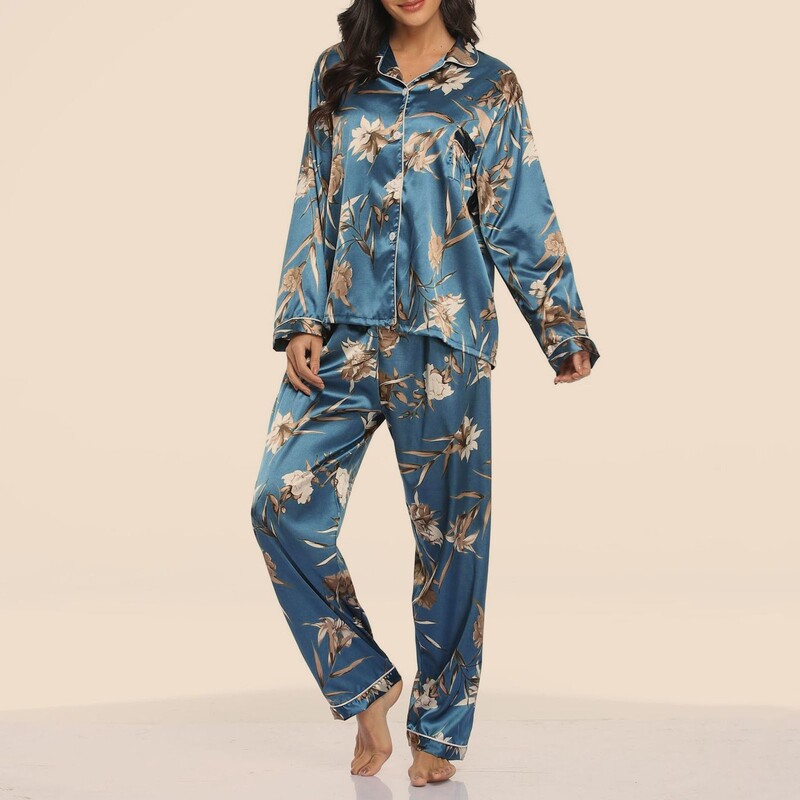 Ženska jesensko-zimska satenska pidžama od 2 komada, košulja s dugim rukavima i ležerne široke elastične hlače, spavaćica, salonke