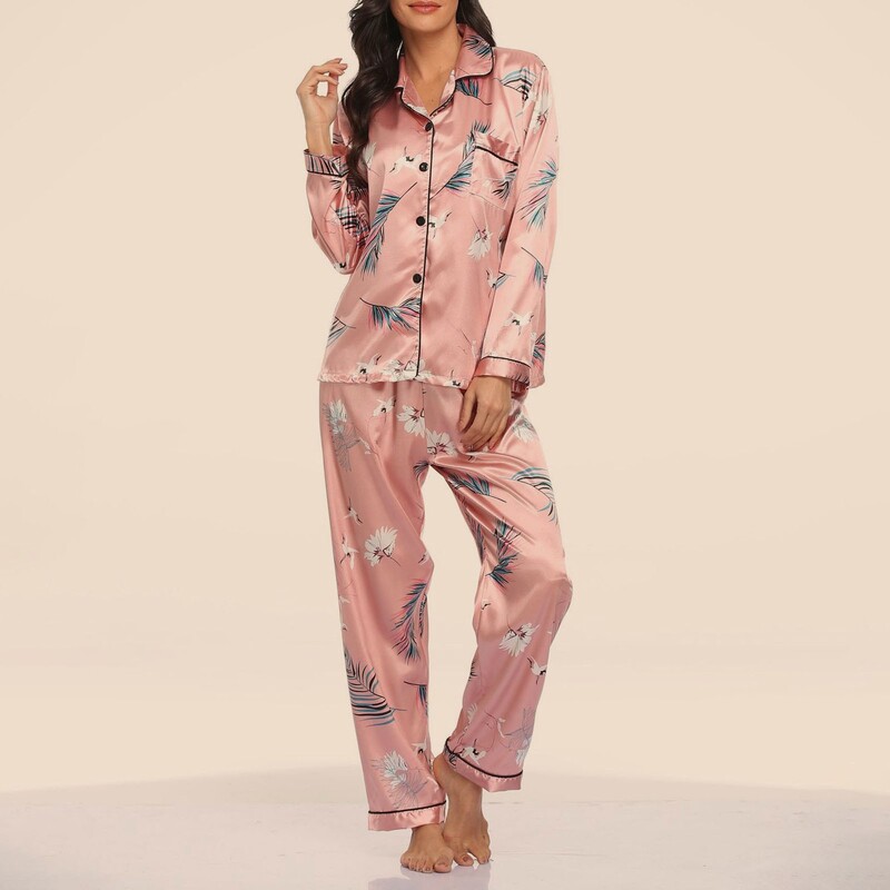 Ženska jesensko-zimska satenska pidžama od 2 komada, košulja s dugim rukavima i ležerne široke elastične hlače, spavaćica, salonke