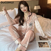 DUOJIHUI Elegáns téli egyszínű női pizsama szett, új elegánsan nyomtatott laza, alkalmi divatos 3 színű, egyszerű pizsama nőknek