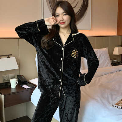 DUOJIHUI Elegáns téli egyszínű női pizsama szett, új elegánsan nyomtatott laza, alkalmi divatos 3 színű, egyszerű pizsama nőknek