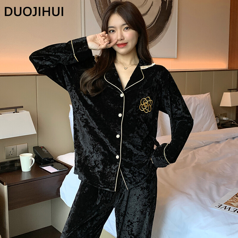 DUOJIHUI Elegáns téli egyszínű női pizsama szett, új elegánsan nyomtatott laza, alkalmi divatos 3 színű, egyszerű pizsama nőknek