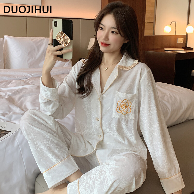 DUOJIHUI Elegáns téli egyszínű női pizsama szett, új elegánsan nyomtatott laza, alkalmi divatos 3 színű, egyszerű pizsama nőknek