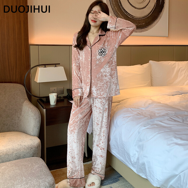 DUOJIHUI Elegáns téli egyszínű női pizsama szett, új elegánsan nyomtatott laza, alkalmi divatos 3 színű, egyszerű pizsama nőknek