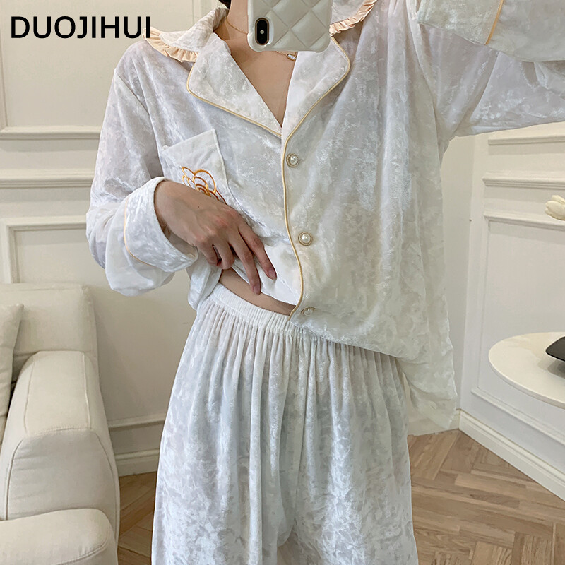 DUOJIHUI Elegáns téli egyszínű női pizsama szett, új elegánsan nyomtatott laza, alkalmi divatos 3 színű, egyszerű pizsama nőknek