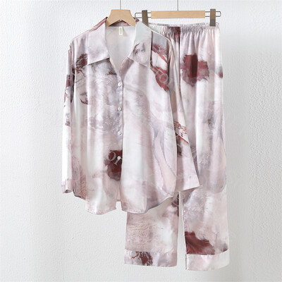 Saténové domáce pyžamo, letné jarné pyžamo s dlhým rukávom, košeľa a nohavice, nočné prádlo, voľné nočné prádlo, luxusné pyžamo z ľadového hodvábu