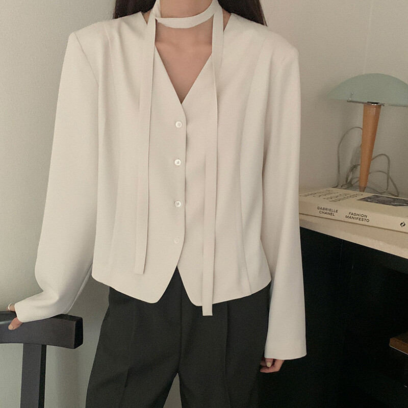 C.New S Autumn Retro V nyakú, fűzős, egysoros, bő, hosszú ujjú, alkalmi, minden passzoló öltöny, rövid kabát női