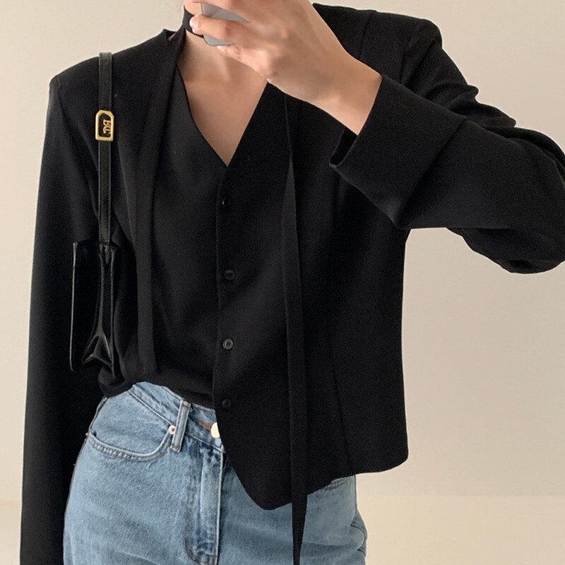 C.New S Autumn Retro V nyakú, fűzős, egysoros, bő, hosszú ujjú, alkalmi, minden passzoló öltöny, rövid kabát női