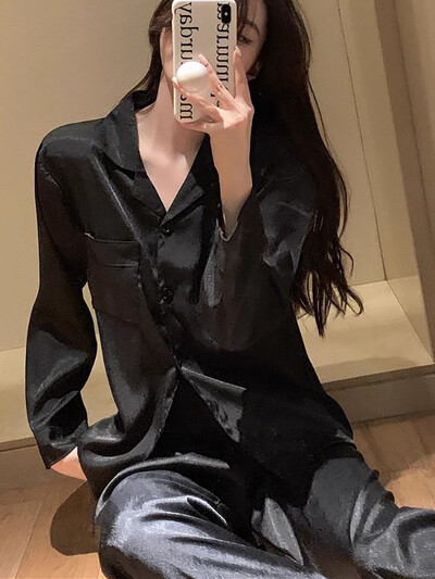 Hosszú ujjú jégselyem pizsama nőknek tavaszi őszi tömör kardigán hajtókás otthoni hálóruha 2024 új női laza szabadidős viselet