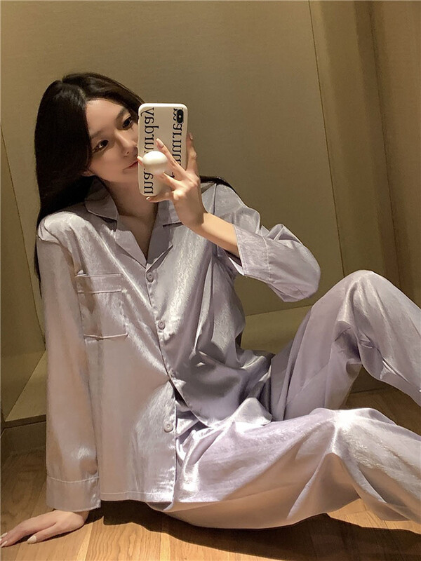 Hosszú ujjú jégselyem pizsama nőknek tavaszi őszi tömör kardigán hajtókás otthoni hálóruha 2024 új női laza szabadidős viselet