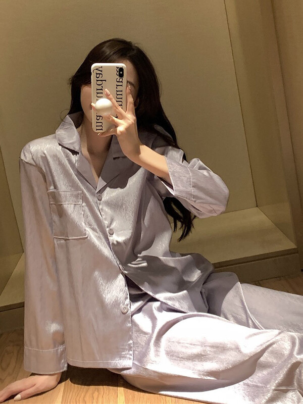 Hosszú ujjú jégselyem pizsama nőknek tavaszi őszi tömör kardigán hajtókás otthoni hálóruha 2024 új női laza szabadidős viselet