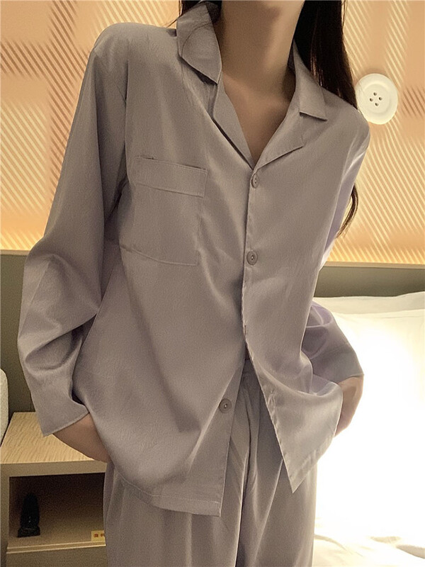 Hosszú ujjú jégselyem pizsama nőknek tavaszi őszi tömör kardigán hajtókás otthoni hálóruha 2024 új női laza szabadidős viselet