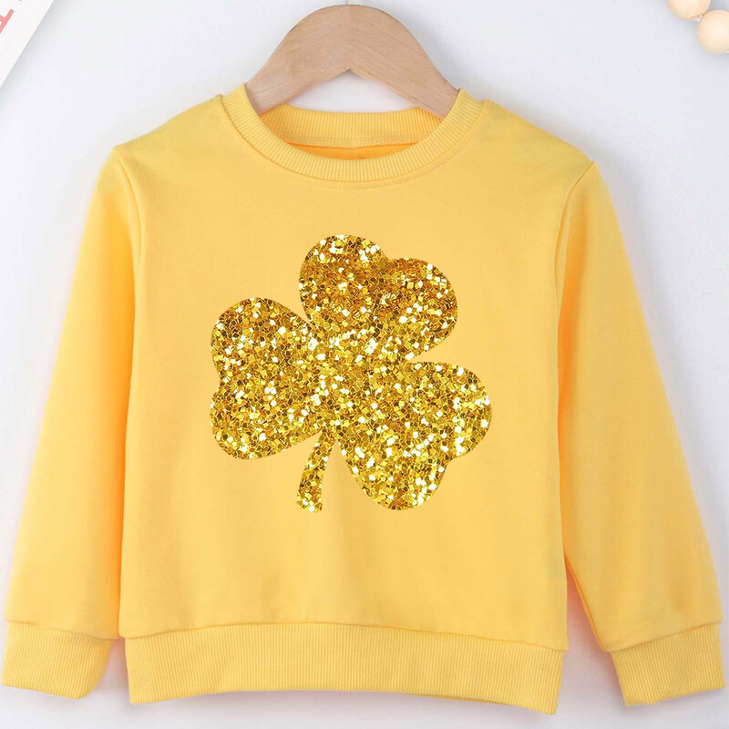 Dobilų spauda Gražūs vaikiški drabužiai Geltoni, apvalia kaklą Pavasaris Ruduo berniukui Mergaitei Megztiniai Miesto mada Harajuku megztinis Dropship