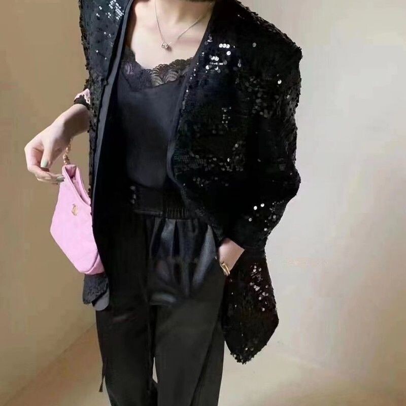 Európai stílusú, elegáns társasági flitteres blézer női 2024 tavaszi és őszi, új csúcskategóriás, fényes felső vállruha