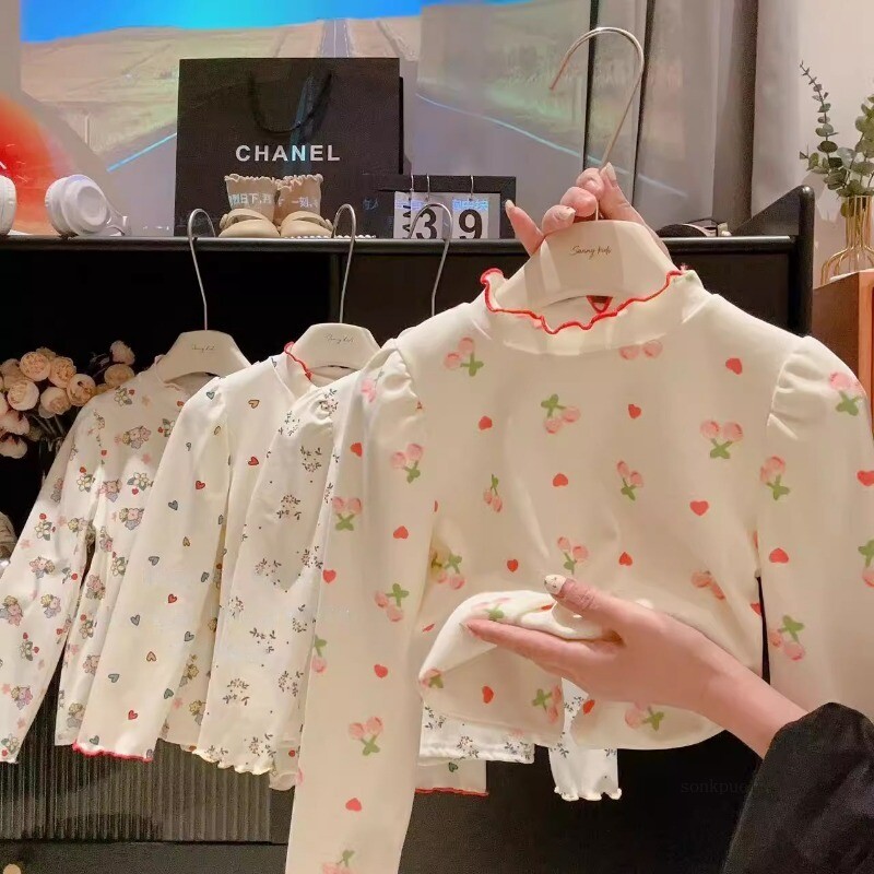 Vaikiški mergaičių marškinėliai su apatiniu raštu pavasario rudens rūbai kūdikiams 1–10 metų Nauja madinga Laisvalaikio ilgomis rankovėmis šilti viršutiniai marškinėliai žiemai