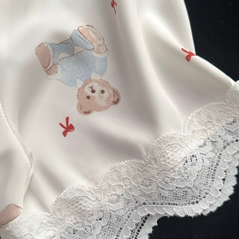 Jarné leto Nové roztomilé Kawaii Malý medvedík Potlač čipkované pyžamo Dámske trojdielne pyžamo s krátkym rukávom Domáce oblečenie Dievčenské pyžamo Tenké