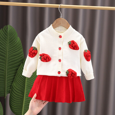 Dječja butik odjeća Kompleti od 2 komada Gilr Fuit Pattern Pleteni džemper suknja u boji jagode Jednobojna Slatka, slatka, ležerna, sveobuhvatna