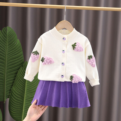 Dječja butik odjeća Kompleti od 2 komada Gilr Fuit Pattern Pleteni džemper suknja u boji jagode Jednobojna Slatka, slatka, ležerna, sveobuhvatna