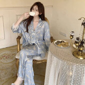 Dámske pyžamá, jar, jeseň, 2-dielne kimono s potlačou, pyžamo, umelý hodvábny satén, pyžamo s dlhým rukávom, ženské pyžamo, domáce oblečenie