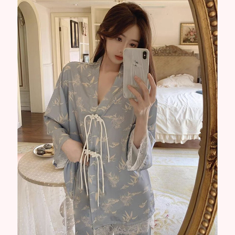 Dámske pyžamá, jar, jeseň, 2-dielne kimono s potlačou, pyžamo, umelý hodvábny satén, pyžamo s dlhým rukávom, ženské pyžamo, domáce oblečenie