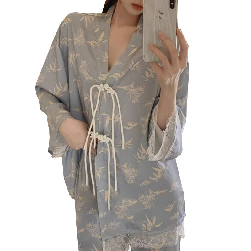 Dámske pyžamá, jar, jeseň, 2-dielne kimono s potlačou, pyžamo, umelý hodvábny satén, pyžamo s dlhým rukávom, ženské pyžamo, domáce oblečenie