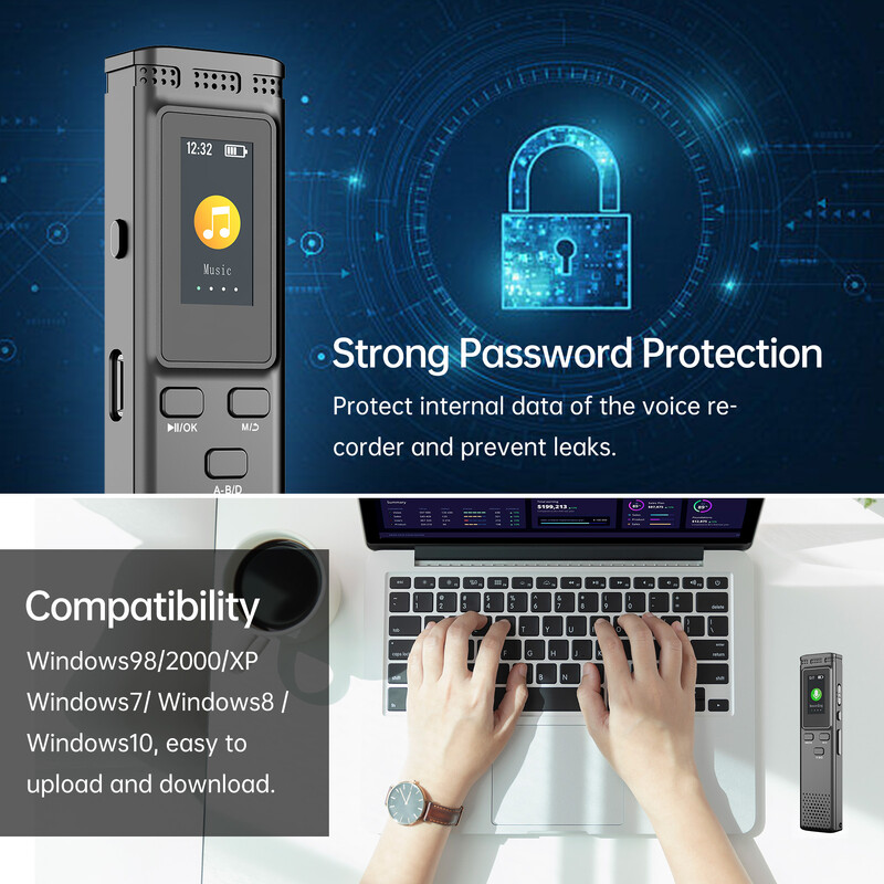 8GB 16GB 64GB digitālais balss ierakstītājs ar balsi aktivizētu audio ierakstīšanas trokšņu samazināšana ar atskaņošanas MP3 atskaņotāja atbalsta paroli