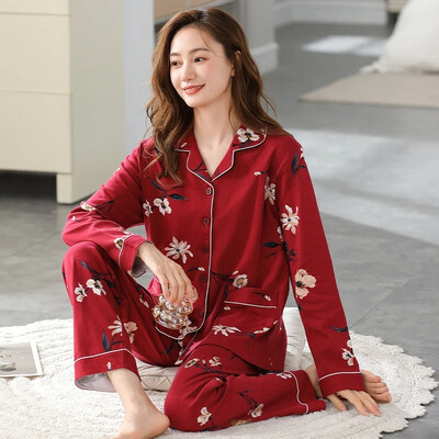 2024 m. rudens plius dydis ilgomis rankovėmis, laisvalaikio languotas 100 % medvilnės pižamų rinkiniai moterims Korėjietiški laisvi miego drabužiai pižamos namų drabužiai