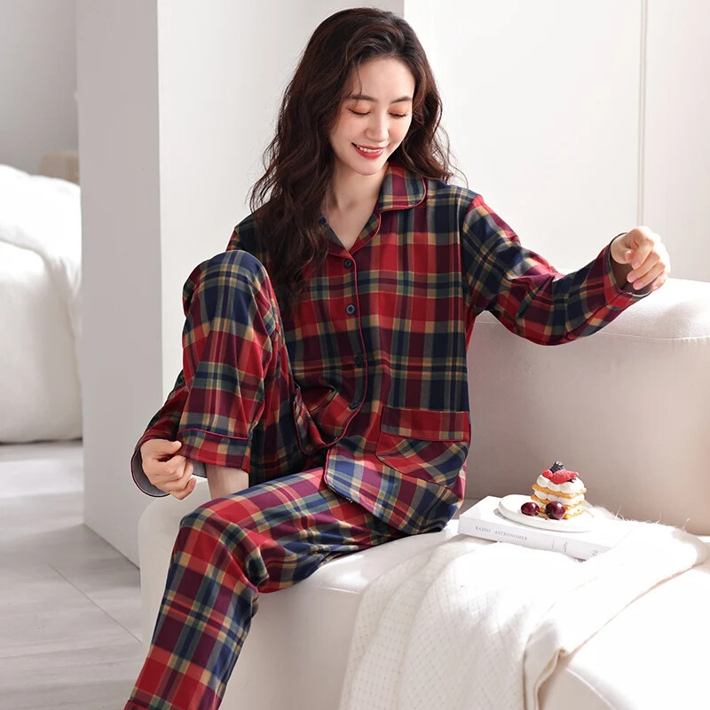 2024 m. rudens plius dydis ilgomis rankovėmis, laisvalaikio languotas 100 % medvilnės pižamų rinkiniai moterims Korėjietiški laisvi miego drabužiai pižamos namų drabužiai