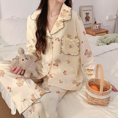 Női hálós piros szél pamut hosszú ujjú pizsama otthoni viselet új női alkalmi, kényelmes, bő, öltönyön kívül is viselhető Ms.