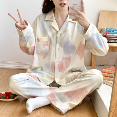 Női hálós piros szél pamut hosszú ujjú pizsama otthoni viselet új női alkalmi, kényelmes, bő, öltönyön kívül is viselhető Ms.