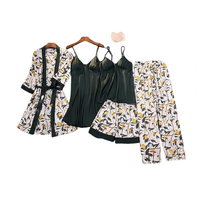 Moteriškas satininis pižamų rinkinys Šilkinis atlasas Moteriškas pižamų komplektas su gėlių raštu viršutiniai šortai, suvarstomi juosmens naktiniai marškiniai, nuimama krūtinė