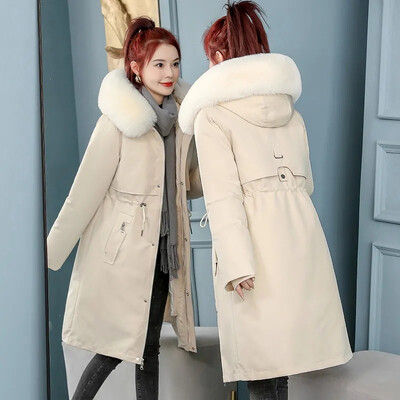 Зимно яке Дамска парка 2023 Ново снежно облекло Дълги паркове Яке с кожа с качулка Дамска кожена подплата Дебели палта Разглобяеми паркове