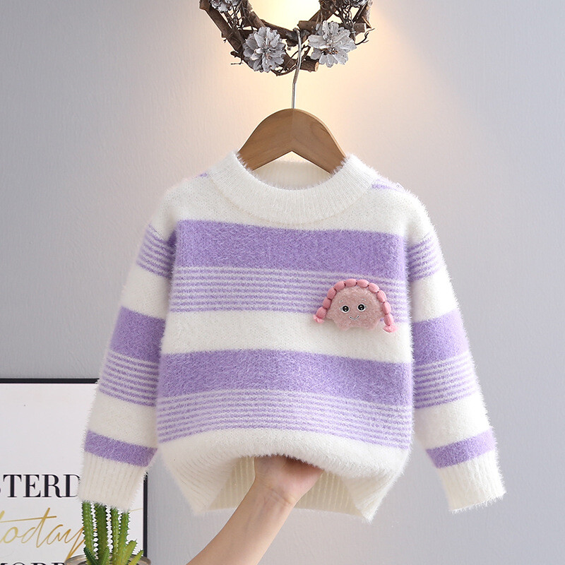 2024 téli gyerek lány pulóverek pamut csíkos jacquard toldott hosszú ujjú kötött meleg pulóverek gyerek lány kötöttáru HY09062